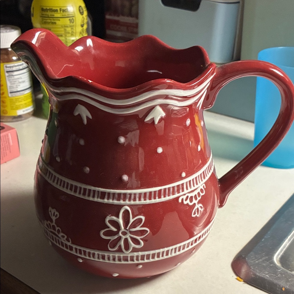 NWT Harry & David Red Floral Ceramic Pitcher